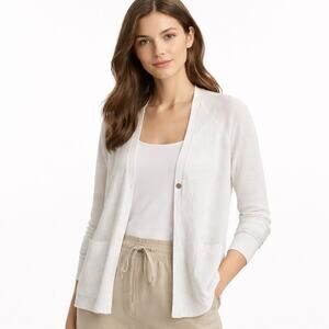 EILEEN FISHER 100% Organic Linen Cardigan XS Petite Open Front Lightweight White
